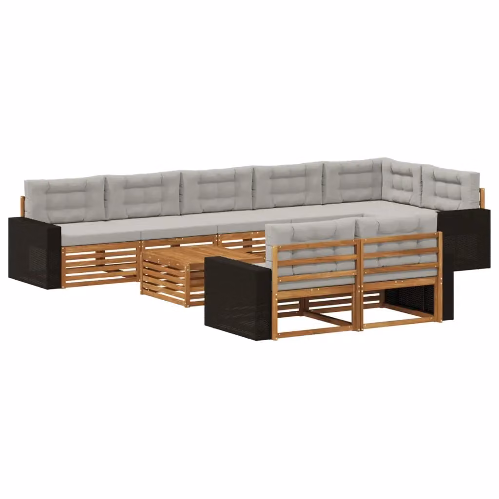 Set di divani da esterno a forma di U vidaXL in legno di acacia con cuscini beige e grigi, 9 pezzi – 2