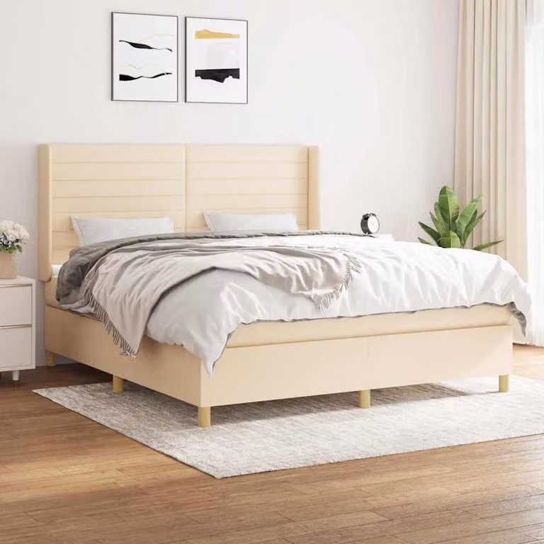 vidaXL Giroletto a Molle con Materasso Ibrido in Tessuto Beige e Bianco L/P: 160 x 200 cm