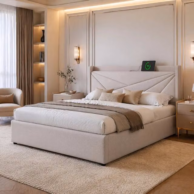 Letto matrimoniale contenitore ULEVR 140x200 cm con testiera USB e Type-C, rivestimento in cotone e lino beige