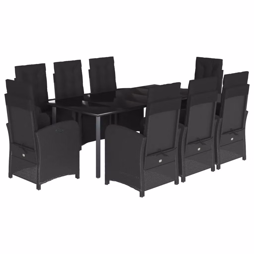 Set da pranzo da giardino vidaXL in polyrattan nero con cuscini e tavolo in vetro per 9 persone – 2