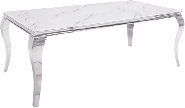 Tavolo da pranzo VELENA 180 cm – Piano in vetro effetto marmo bianco – Struttura in acciaio argentato