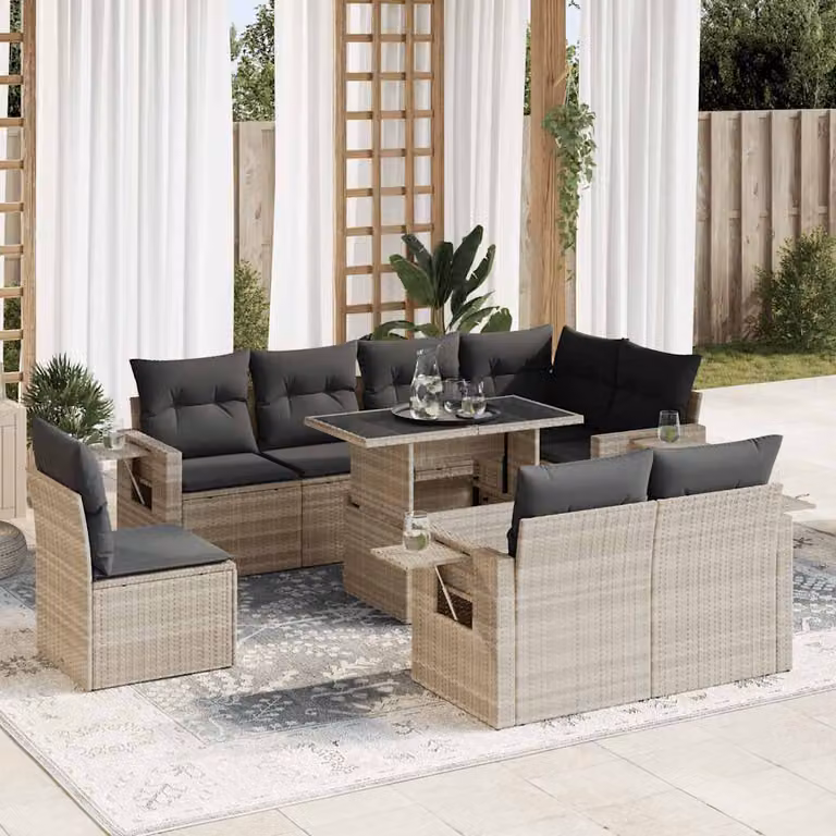 Maison Exclusive - Set da giardino 9 pezzi con cuscini Grigio chiaro Poly Rattan