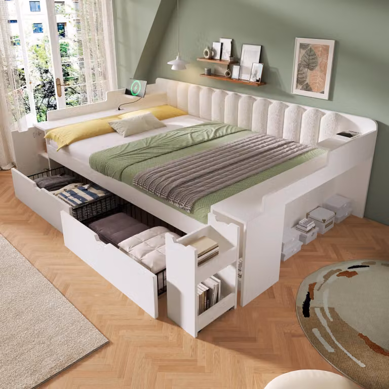 Divano letto Flieks, modello giorno, 140x190 cm, con scaffale laterale; letto per ragazzi con stazione di ricarica e cassetti; letto matrimoniale con carrello e vano portaoggetti; struttura in metallo e legno