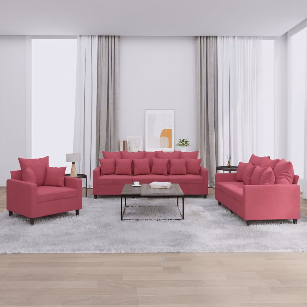 Set di divani 3 pezzi vidaXL in velluto rosso con cuscini per soggiorno moderno – 1