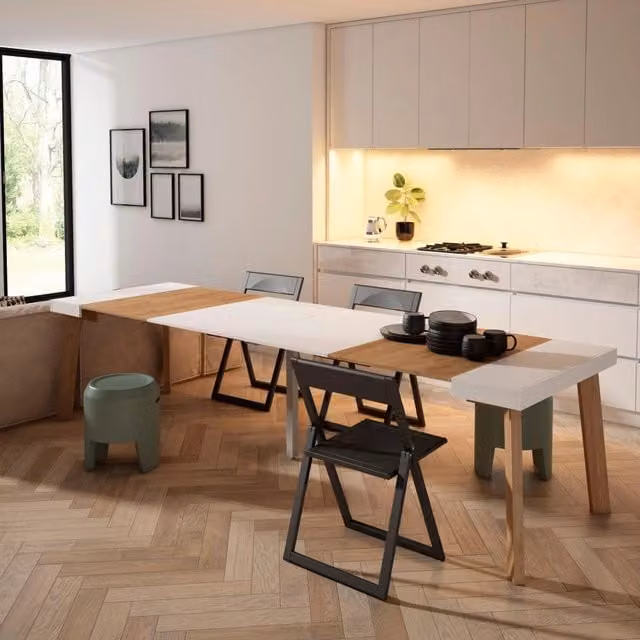 Consolle allungabile, 302x90x73cm, Per 14 persone, Gambe in legno, colore Rovere e bianco RF3093