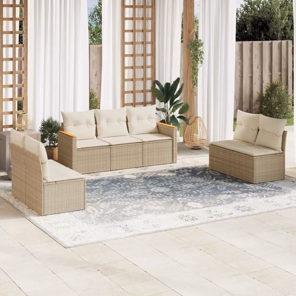 Set di divani da giardino vidaXL in rattan e metallo con 7 pezzi e cuscini beige – 1