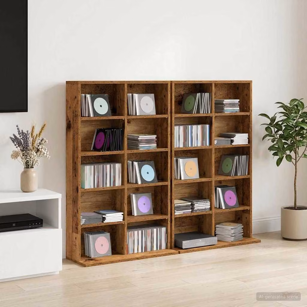 Set di 2 mobili porta CD vidaXL in legno color marrone antico con ripiani regolabili, L: 65 cm, P: 23,5 cm, H: 97,5 cm