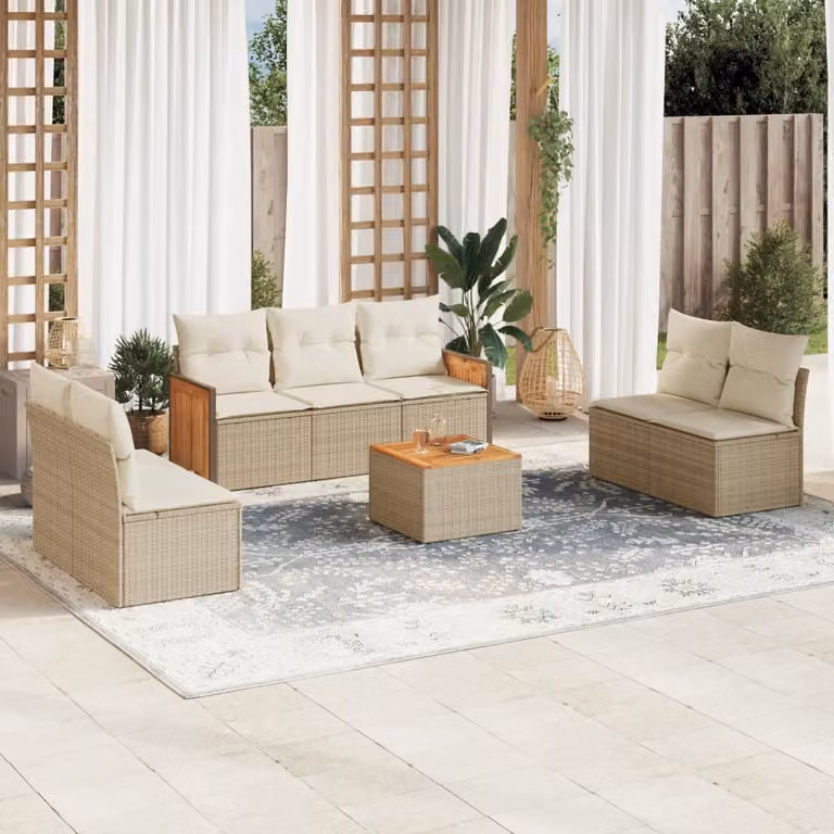 Set Divano da Giardino vidaXL 8 pz con Cuscini Beige e Tavolino per Terrazza e Giardino