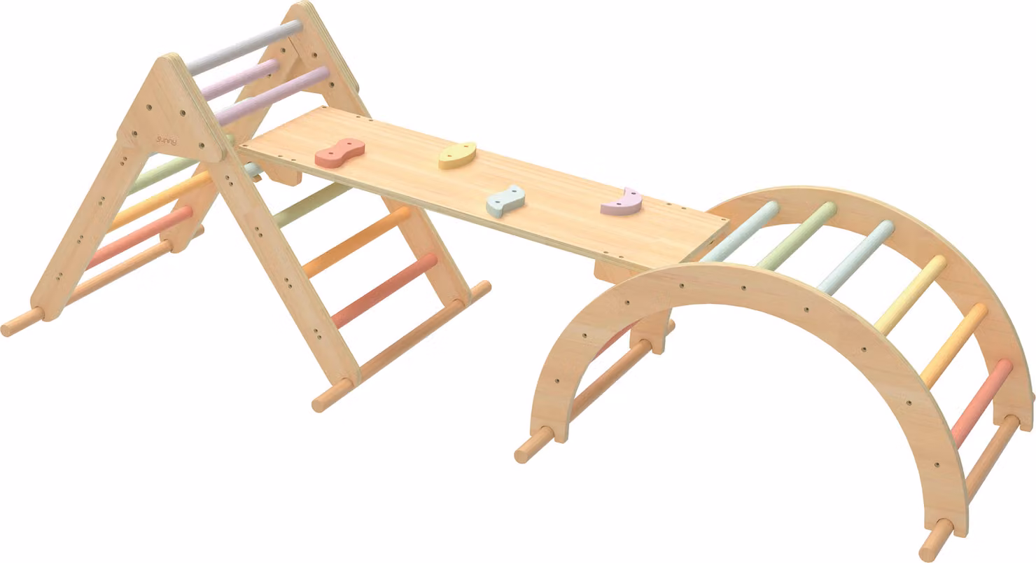 Struttura di arrampicata Sunny Charlie 3 in 1 in legno pastello | Triangolo di arrampicata / Arco di arrampicata / Parete di arrampicata | Giocattoli Montessori