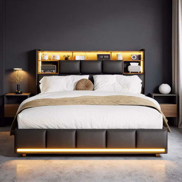 Letto imbottito UnboxG 160x200 cm con illuminazione a LED, funzione di ricarica USB e vano portaoggetti a pressione, nero, PU