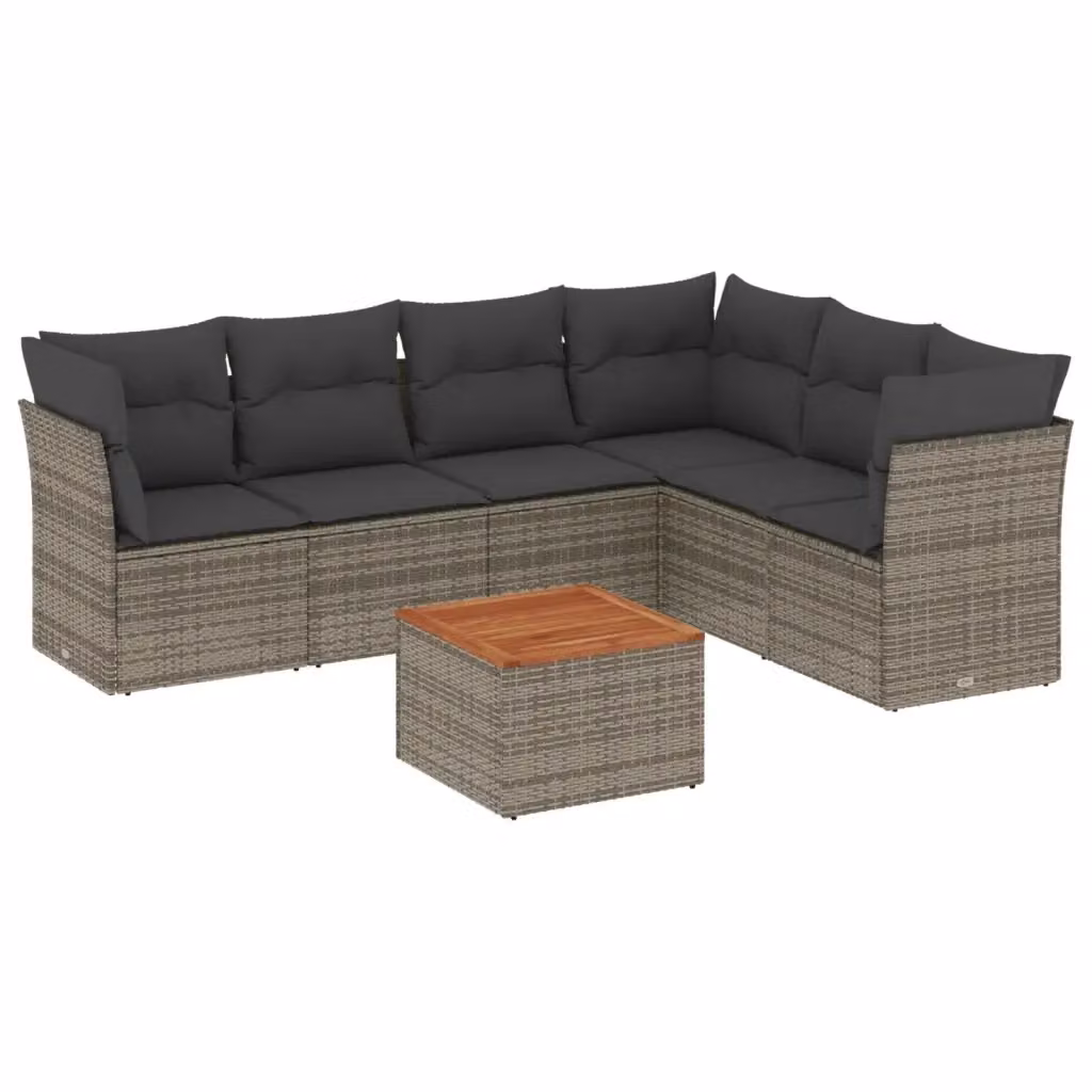 vidaXL Set Divani da Giardino 7 pz in Polyrattan con Cuscini e Tavolino, Design Moderno a L, Grigio e Marrone – 2