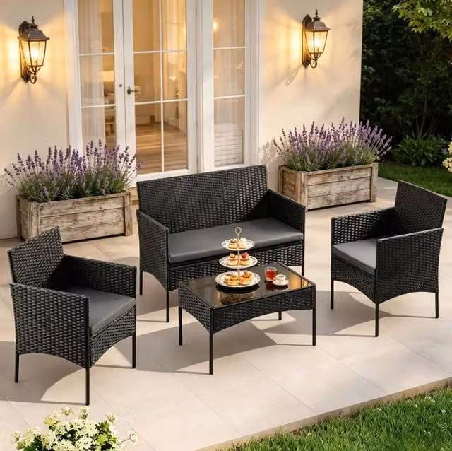 Set mobili da giardino per 4 persone in rattan PE nero; con tavolino in vetro temperato 71 cm