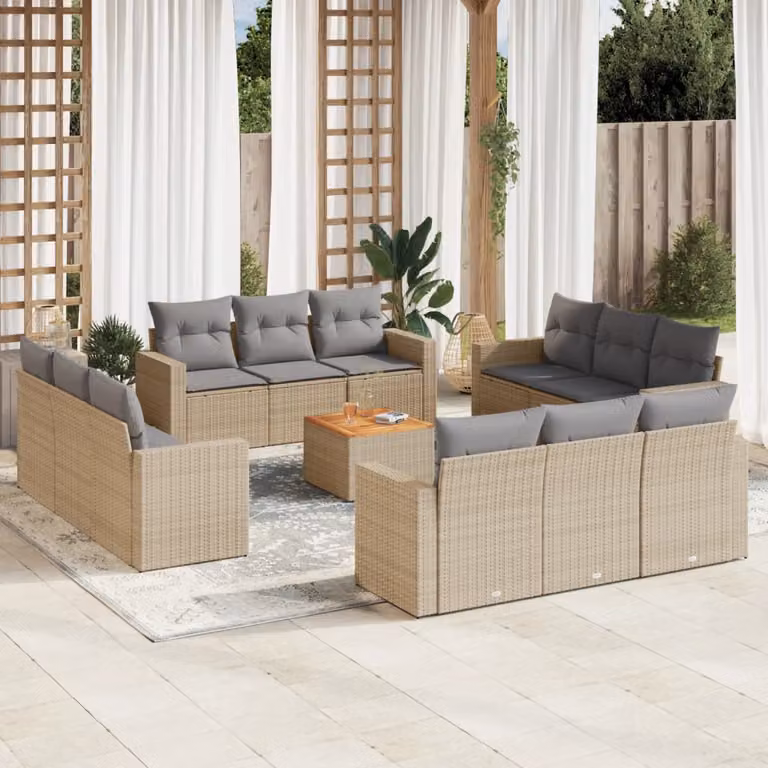 vidaXL Set Divano da Giardino 13 pz a forma di U con Cuscini Beige e Tavolino in Legno di Acacia e Polyrattan
