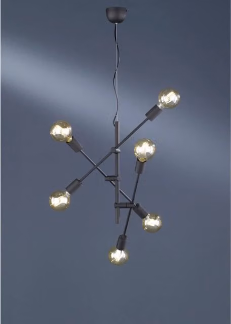 Lampada a sospensione vintage Cross Trio Leuchten con 6 luci orientabili in metallo nero opaco e vetro trasparente