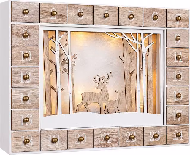 Calendario dell'avvento Spielwerk® in legno con paesaggio innevato e luci LED, bianco, oro e multicolore, L 27,0 cm x P 6,0 cm x H 35,0 cm