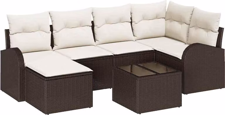 Set di divani con cuscino 7 pcs Marrone e bianco polyrattan