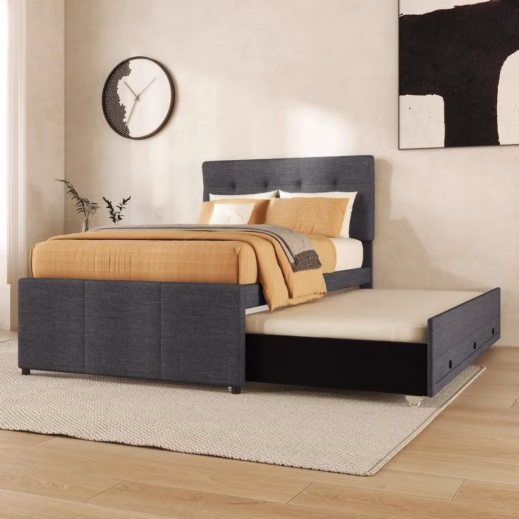 Letto singolo Chicfurn con letto estraibile e 3 cassetti, rivestimento in tessuto grigio, L/P: 90 x 200 cm – 2