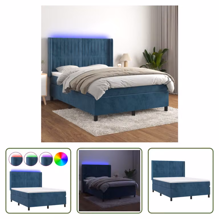 The Living Store Letto a molle con materasso e LED in velluto blu scuro 140x200 cm