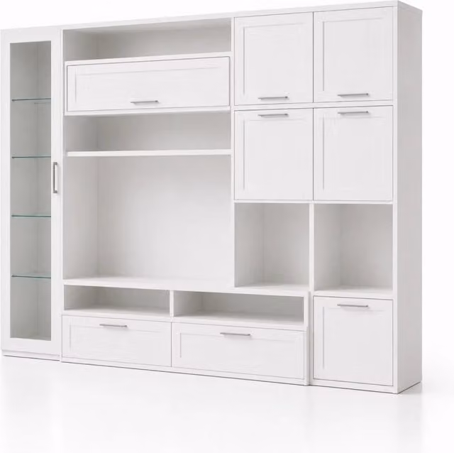 Parete Attrezzata con Vetrina MEGAOFFERTE per Zona Living, Mobile Porta TV con 6 Ante Battenti, 3 Ribalte e Ripiani, Design Moderno Bianco, L 300 x P 50 x H 215 cm