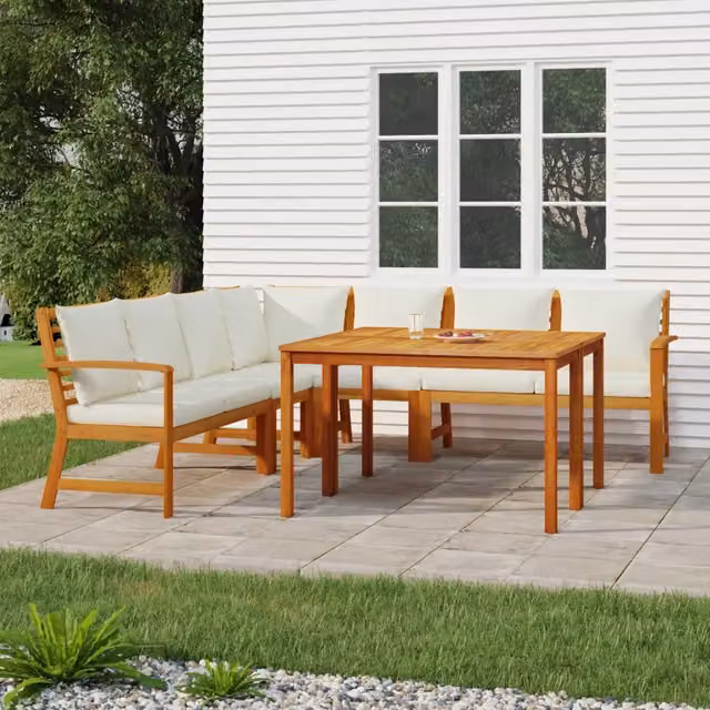 Set da Pranzo da Giardino vidaXL in Legno di Acacia con 7 Cuscini, Colore Marrone e Bianco, L/P/H: 110 x 60,5 x 81 cm