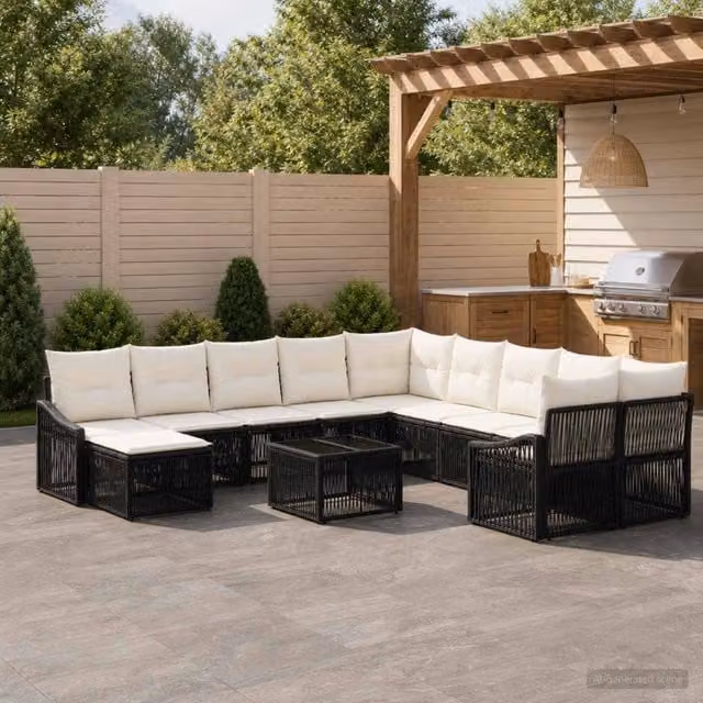 Set Divano da Giardino vidaXL a Forma a U in Polyrattan Nero e Beige con Cuscini e Tavolino