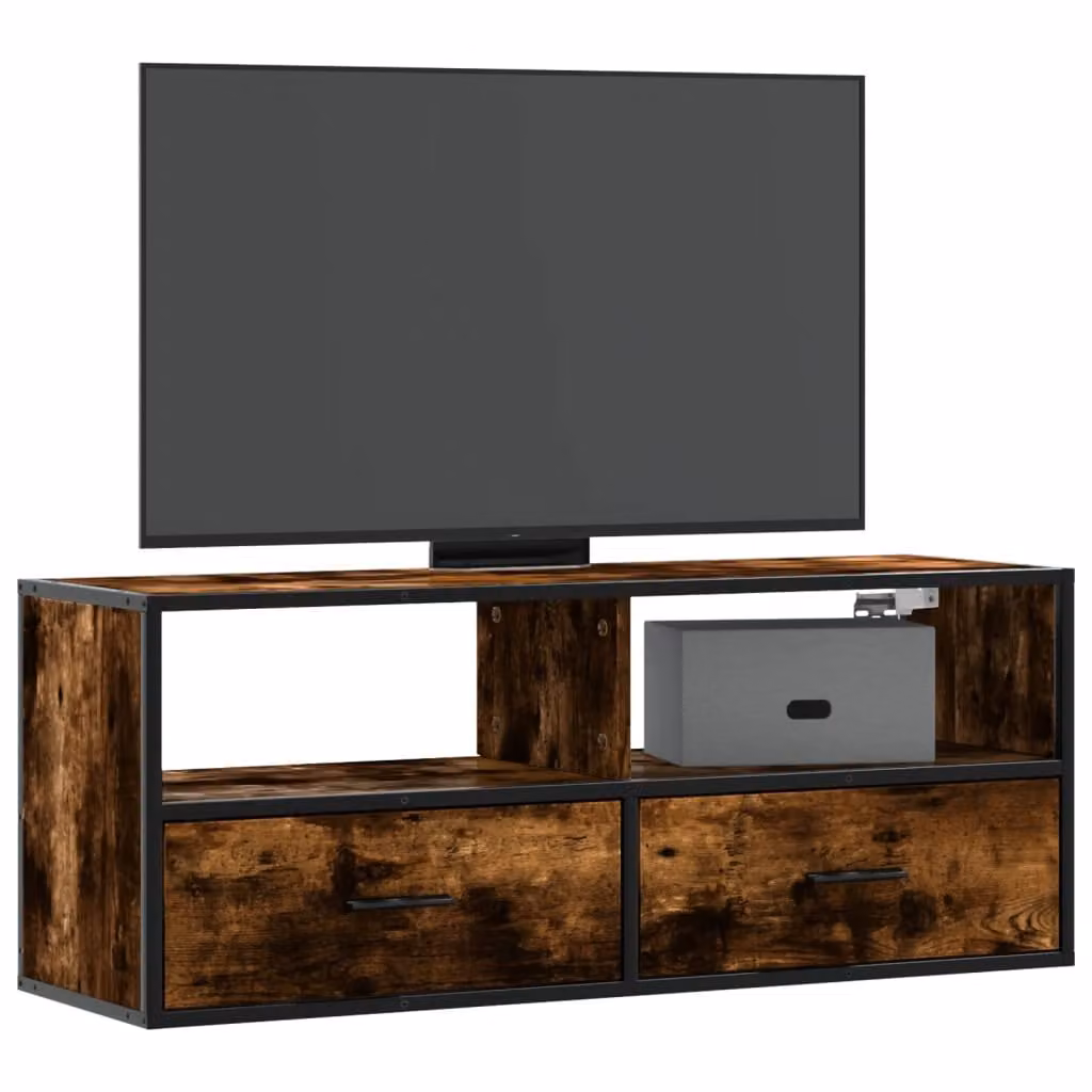 Mobile TV vidaXL in stile industriale in legno multistrato e metallo, colore rovere fumo, L 100 cm x P 31 cm x H 39,5 cm