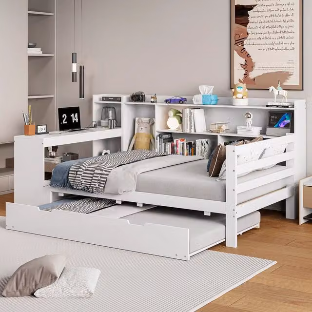 Letto Mivray con letto estraibile, scrivania, scaffali e prese USB, bianco opaco, L/P/H: 245.5 x 120.0 x 114.5 cm