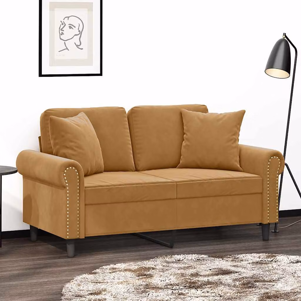 vidaXL Divano a 2 Posti Moderno in Velluto Marrone con Cuscini e Struttura in Metallo L: 152 cm, P: 80 cm, H: 77 cm