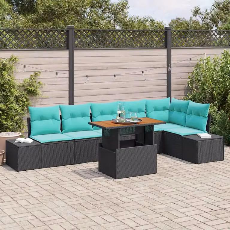 Set Divano da Giardino vidaXL a forma a U composto da 7 pezzi con tavolino, colore nero e cuscini turchesi, struttura in metallo e rattan resistente alle intemperie