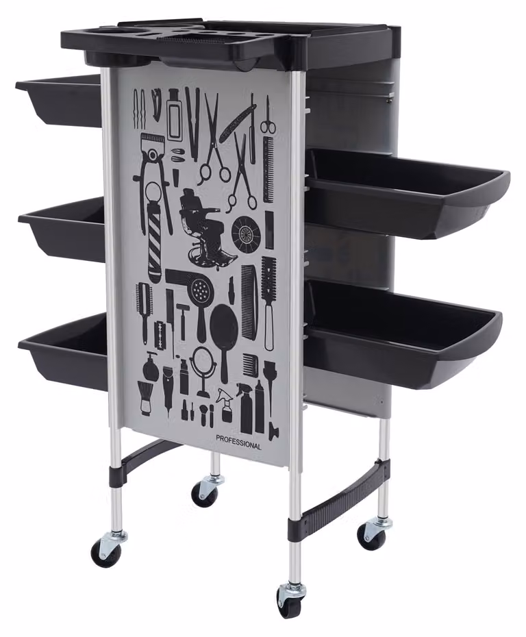Carrello per parrucchiere, colore nero, 6 ripiani, 5 cassetti, capacità di carico 80 kg, materiale: metallo e PP (polipropilene)