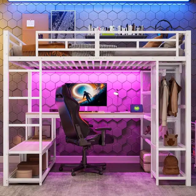 Letto a soppalco 140x200 in metallo con scrivania; armadio aperto; LED e USB; bianco
