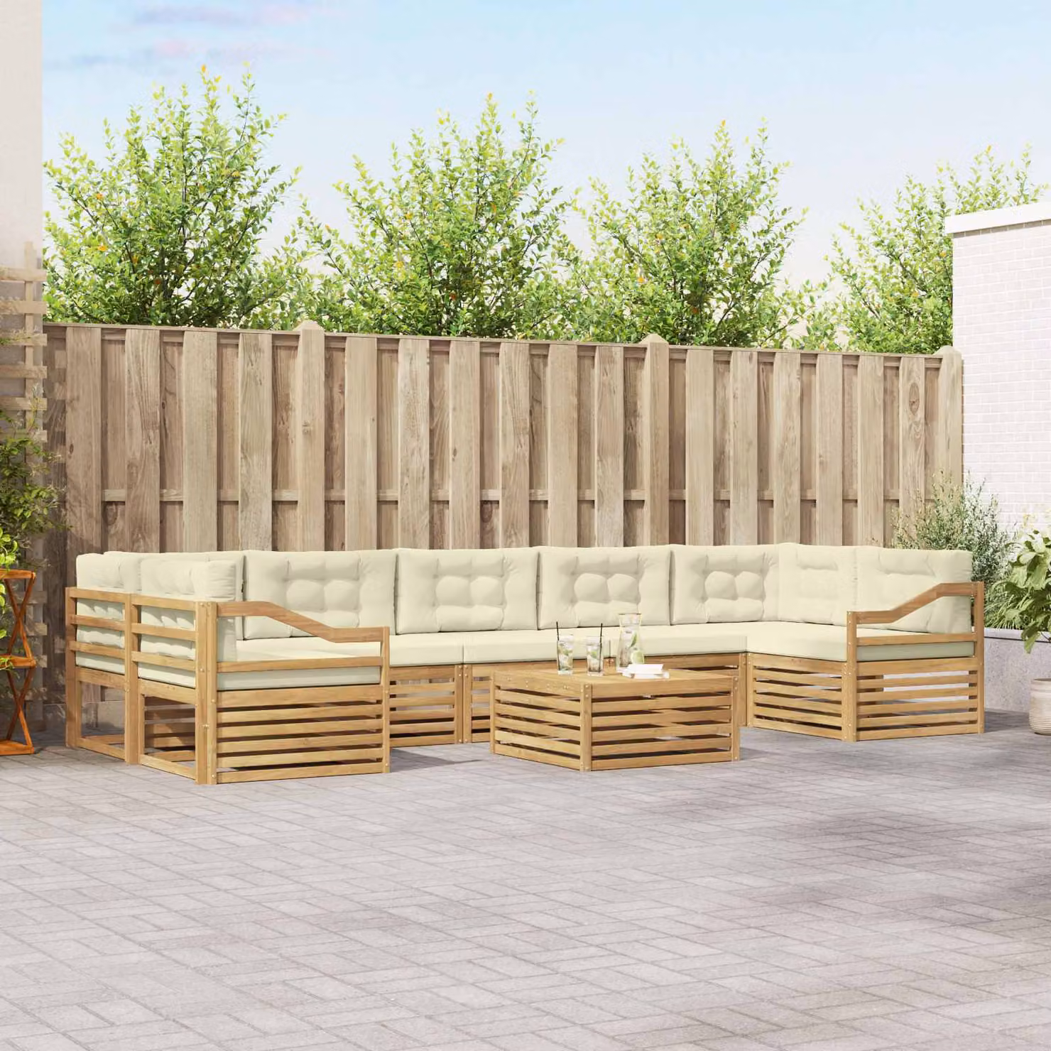Set di divani da esterno vidaXL a forma di L in legno di acacia con tavolo da caffè, 8 pezzi, Bianco e Beige