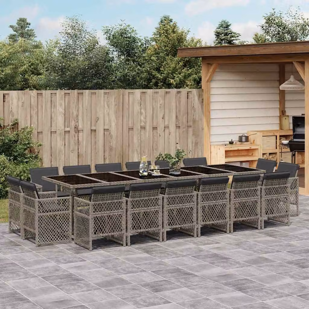 Set da pranzo da giardino vidaXL in polyrattan con cuscini grigi e piano in vetro, 17 pezzi – 1