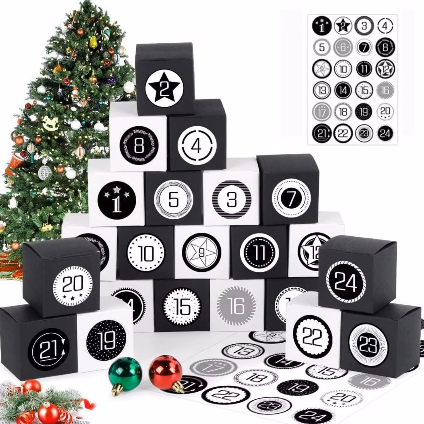 Calendario dell'Avvento da riempire 24 scatole Scatole regalo fai da te scatola bianca e nera
