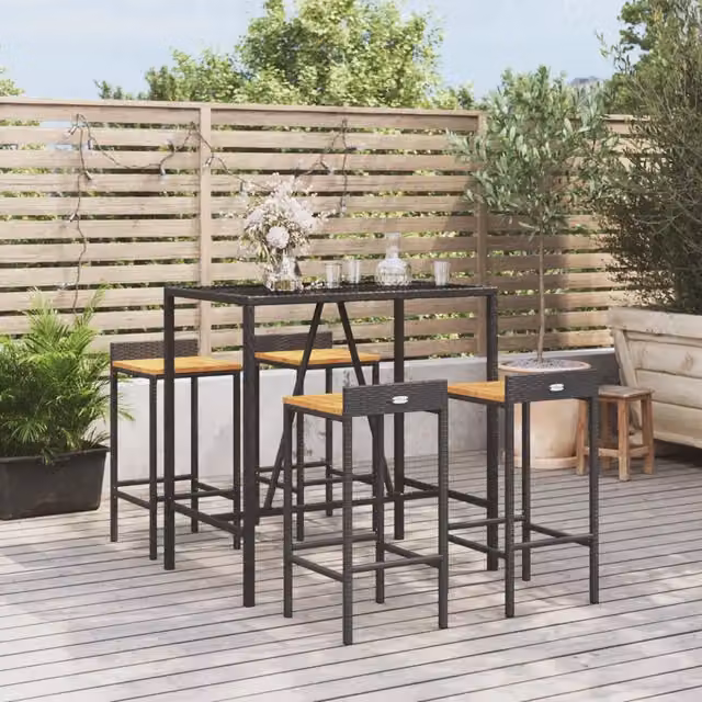Set Bar Giardino 5 pz Nero Polyrattan e Legno Massello Acacia 3187676