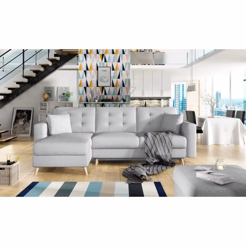 Divano angolare convertibile reversibile MEUBLORAMA grigio in tessuto con struttura in legno massiccio e funzione letto L/P/H: 248 x 162 x 93 cm – 2