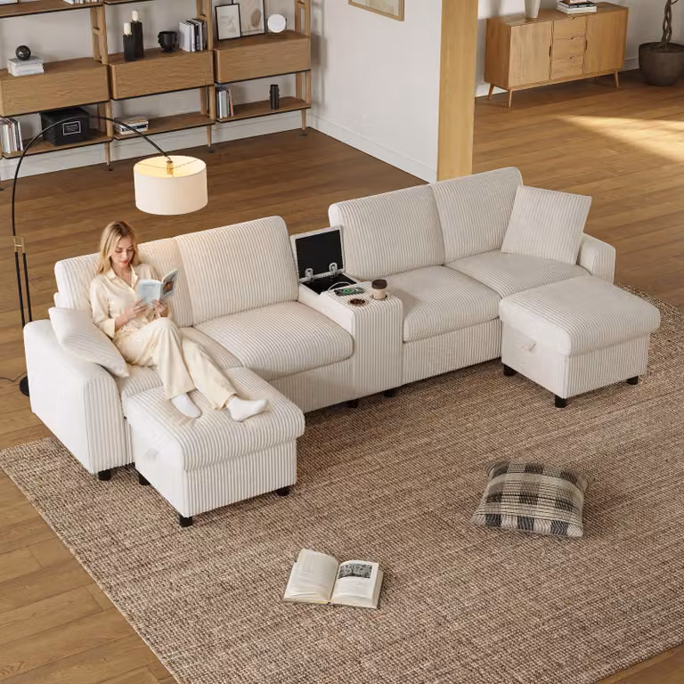 Divano angolare a U Merax con 2 sgabelli, USB, Type-C, tavolino e portabicchieri, 2 cuscini, divano a 4 posti con base letto, divano, tessuto a coste, beige