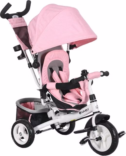 Triciclo per bambini Minimal con tettuccio regolabile, maniglia di spinta e freno, Bianco Rosa, H 102 x L 49 x P 102 cm