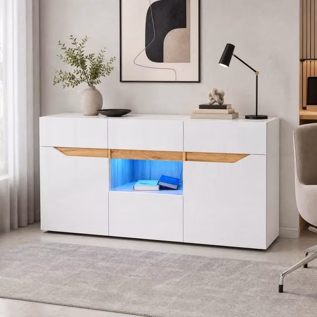 Madia da soggiorno bianca e legno con LED, 4 cassetti