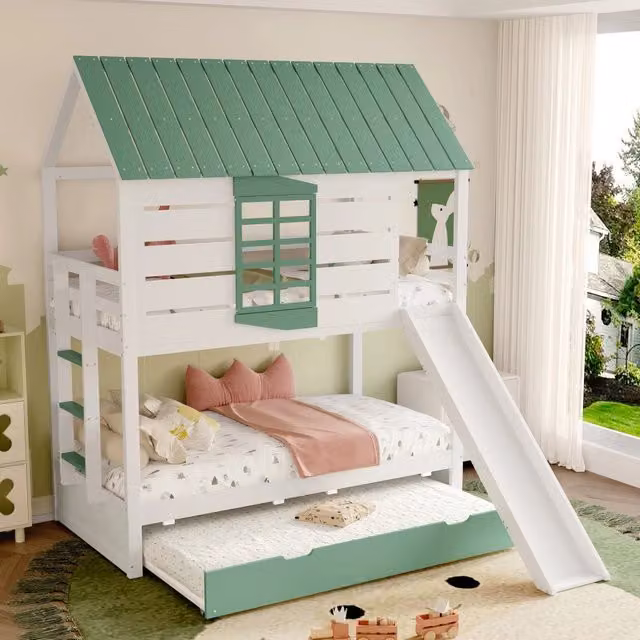 Letto a castello 90×200 cm con scivolo e letto estraibile, 3 posti, senza materassi, bianco e verde