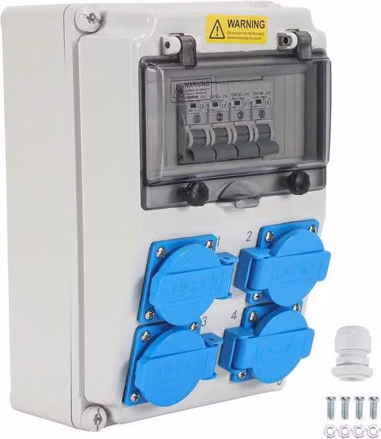 Pannello di distribuzione elettrico da parete con protezione, dotato di connettori Schuko e CEE a 5 poli, con corrente nominale di 16/32 A, adatto per installazioni interne ed esterne.