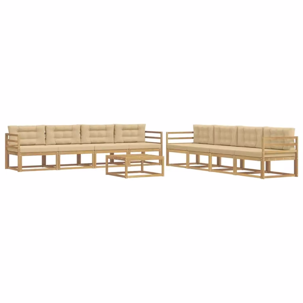 Set di divani da esterno a forma di U vidaXL in legno di acacia con tavolino e cuscini, Bianco e Beige – 2