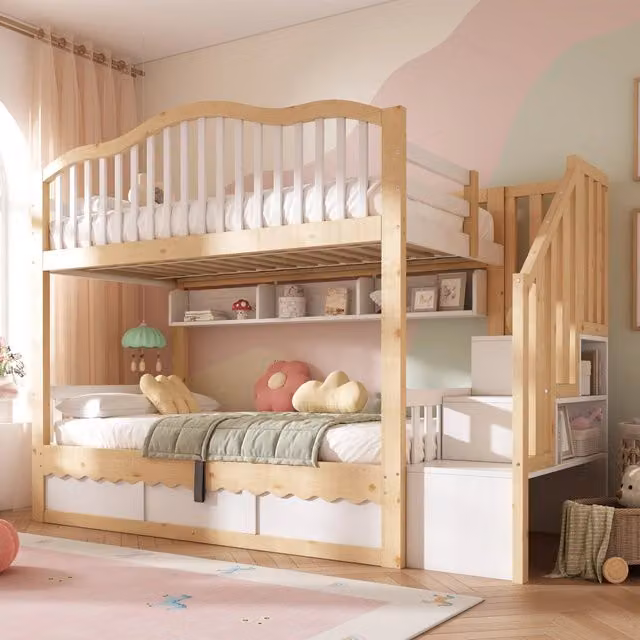 Letto a castello bambini 90x200, legno bianco e rovere, 252x98x170cm. Con vano contenitore idraulico, scala di sicurezza, mensola e protezione anticaduta. Certificato EN 747-1:2024
