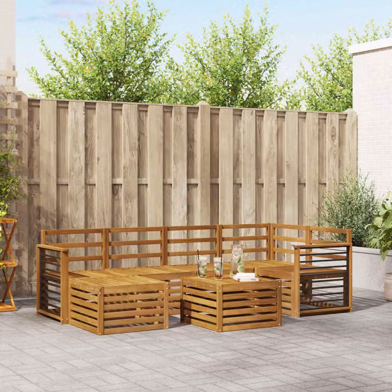 Set di divani da giardino a L con tavolino vidaXL in legno di acacia massello marrone con cuscini inclusi