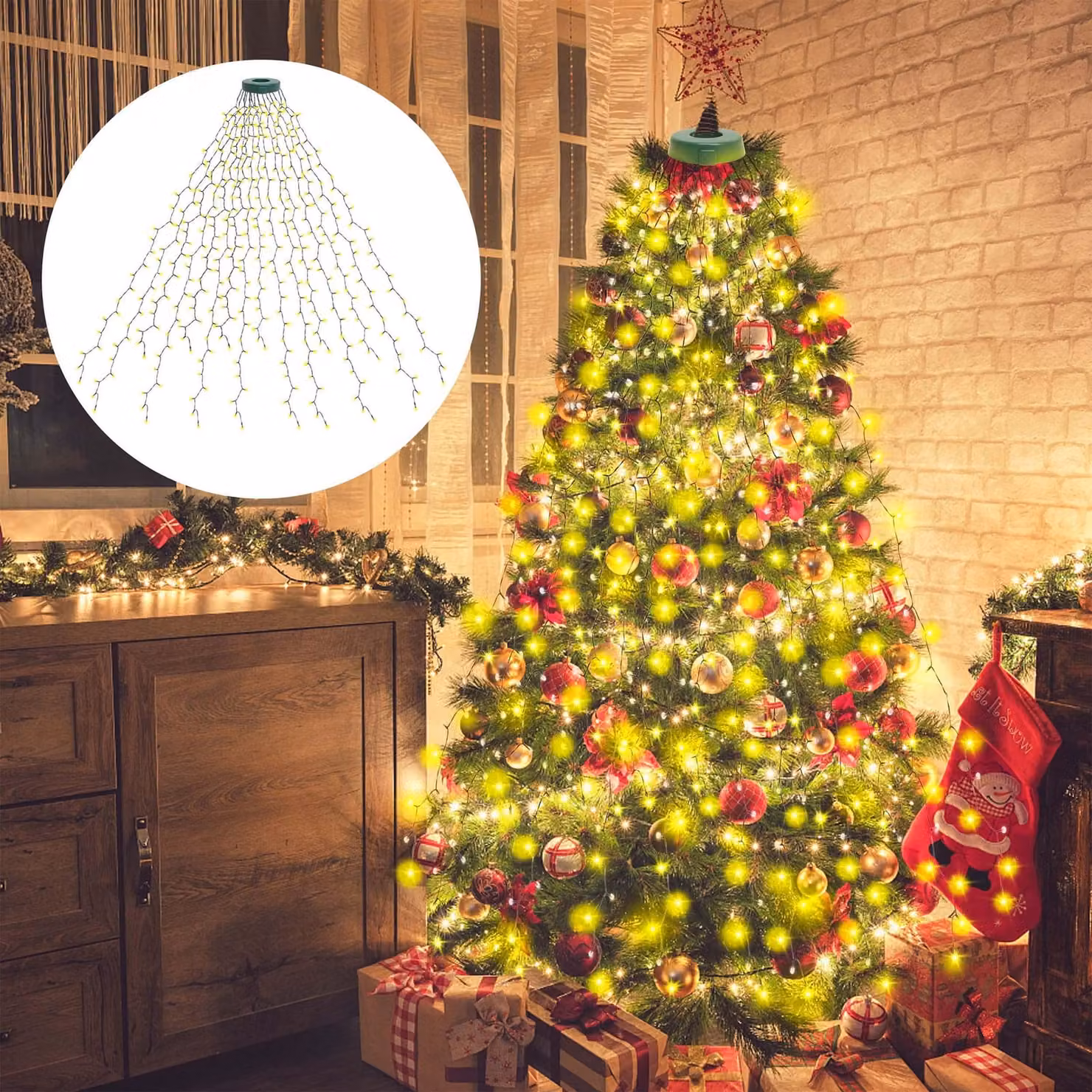Catena luminosa con 400 LED, 16 rami, 2 metri, luce bianco caldo, con telecomando