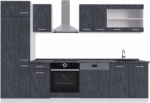 Cucina componibile moderna R-Line Vicco, colore Calce nera/Bianco con piano Antracite, L: 300 cm, P: 60 cm, H: 206,8 cm
