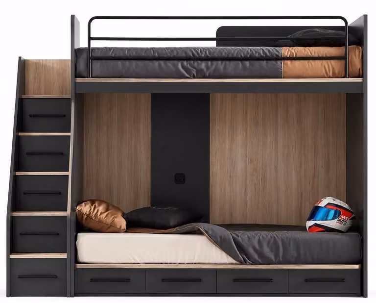 Letto a castello, letto a soppalco, legno, marrone, scala, spazio contenitivo, camera da letto per adolescenti