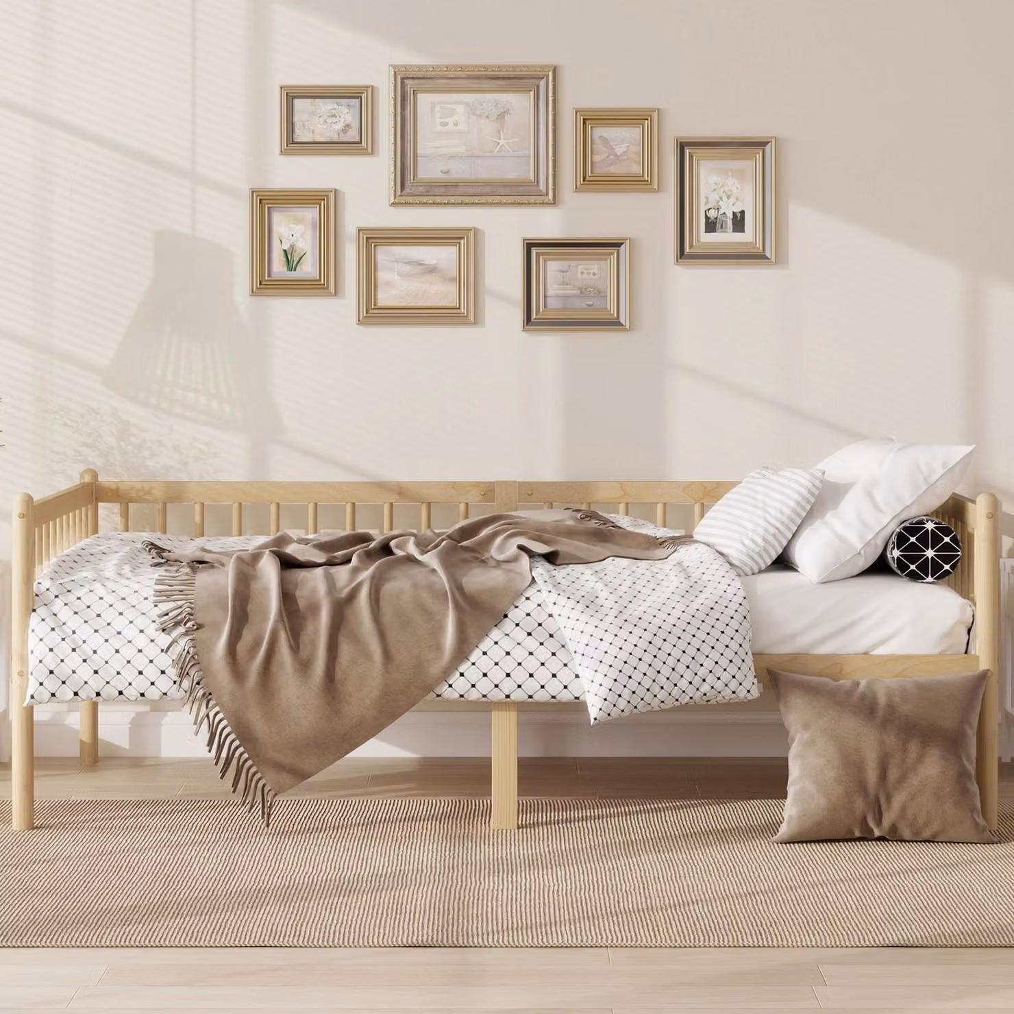 Divano letto Flieks, 90x200 cm, struttura in legno di pino, con sponde su 3 lati e 14 listelli di supporto, letto per ragazzi con spazio contenitore, colore naturale