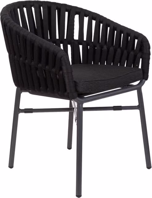 Sedia moderna Wanderlust Deco in alluminio verniciato e corda nera con cuscini inclusi L/P/H: 58 x 61 x 77 cm