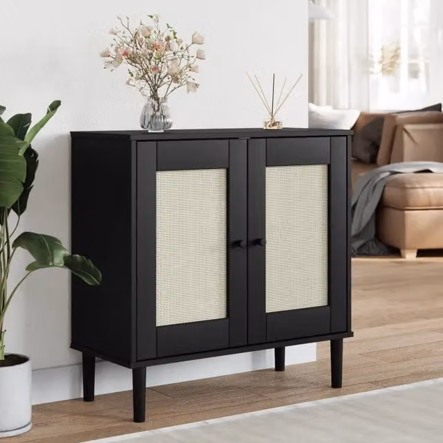 Credenza vidaXL in legno di pino massello con dettagli in rattan nero stile boho L: 80 cm, P: 35 cm, H: 80 cm – 1
